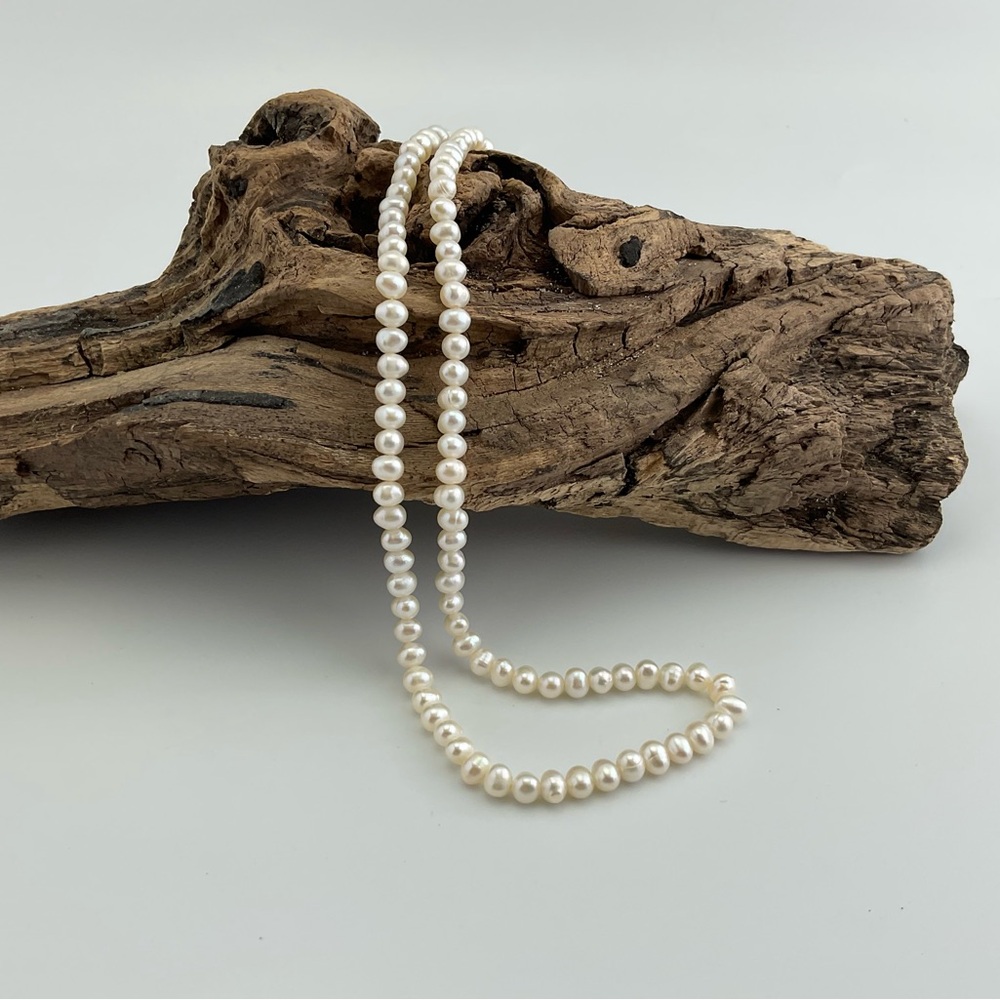 White Pearl Necklace, Oval Fresh Water Pearls, 16 3/4” Long, June Birthstone - Picture 11 of 11